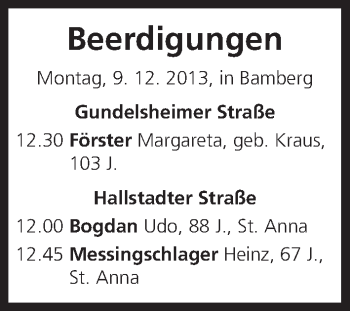 Anzeige von Beerdigungen vom 09.12.2013 von MGO