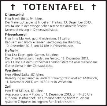 Anzeige von Totentafel vom 10.12.2013 von MGO