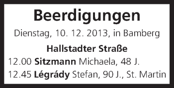 Anzeige von Beerdigungen vom 10.12.2013 von MGO
