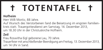Anzeige von Totentafel vom 12.12.2013 von MGO