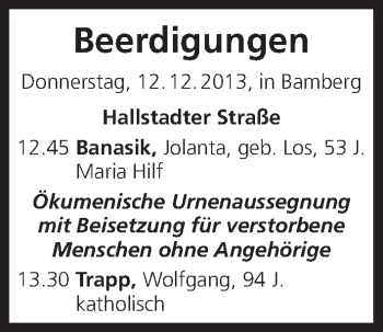 Anzeige von Beerdigung vom 12.12.2013 von MGO