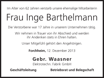 Anzeige von Inge Barthelmann von MGO