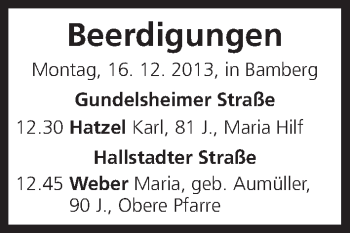 Anzeige von Beerdigungen vom 16.12.2013 von MGO