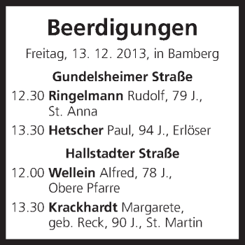 Anzeige von Beerdigungen vom 13.12.2013 von MGO