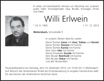 Anzeige von Willi Erlwein von MGO
