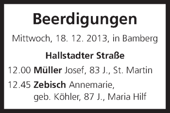 Anzeige von Beerdigungen von 18.12.2013 von MGO