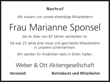 Anzeige von Marianne Sponsel von MGO