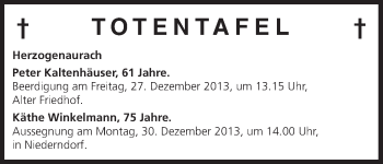 Anzeige von Totentafel vom 23.12.2013 von MGO