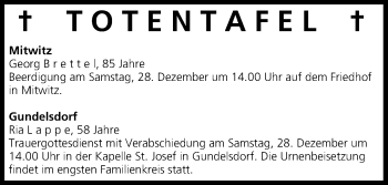 Anzeige von Totentafel vom 27.12.2013 von MGO