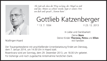 Anzeige von Gottlieb Katzenberger von MGO