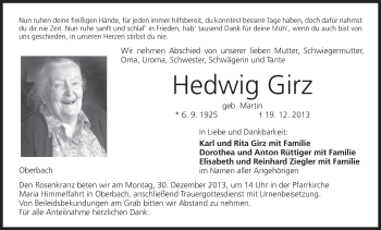 Anzeige von Hedwig Girz von MGO