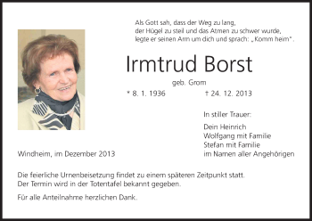 Anzeige von Irmtrud Borst von MGO