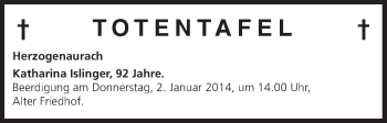 Anzeige von Totentafel vom 30.12.2013 von MGO
