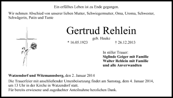 Anzeige von Gertrud Rehlein von MGO
