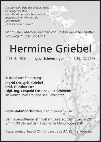 Anzeige von Hermine Griebel von MGO
