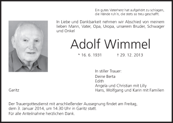 Anzeige von Adolf Wimmel von MGO