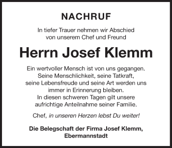 Anzeige von Josef Klemm von MGO