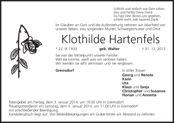 Anzeige von Klothilde Hartenfels von MGO