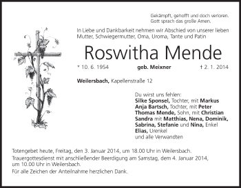 Anzeige von Roswitha Mende von MGO