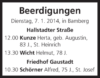 Anzeige von Beerdingungen vom 07.01.2014 von MGO