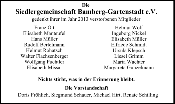 Anzeige von Siedlergemeinschaft Bamberg-Gartenstadt eV gedenkt von MGO
