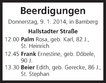 Anzeige von Beerdigungen vom 09.01.2014 von MGO