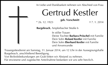 Anzeige von Gertrud Kestler von MGO