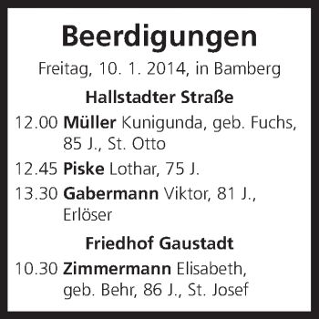 Anzeige von Beerdingungen vom 10.01.2014 von MGO