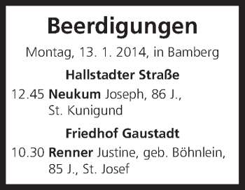 Anzeige von Beerdigungen vom 13.01.2014 von MGO