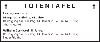 Anzeige von Totentafel vom 11.01.2014 von MGO