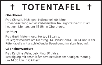 Anzeige von Totentafel vom 13.01.2014 von MGO