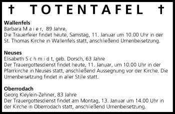 Anzeige von Totentafel vom 11.01.2014 von MGO