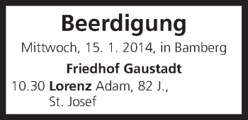 Anzeige von Beerdigung vom 15.01.2014 von MGO