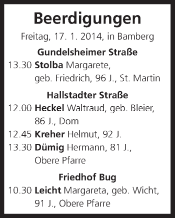 Anzeige von Beerdigungen vom 17.01.2014 von MGO