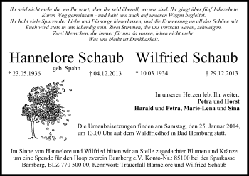 Anzeige von Hannelore und Wilfried Schaub von MGO