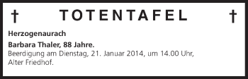 Anzeige von Totentafel vom 18.01.2014 von MGO