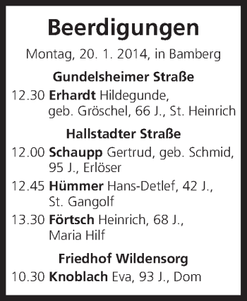 Anzeige von Bestattungen vom 20.01.2014 von MGO
