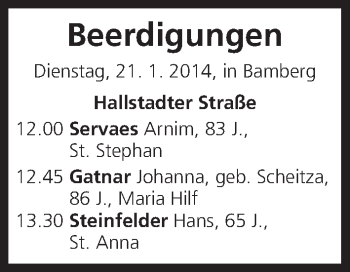 Anzeige von Beerdigungen vom 21.01.2014 von MGO