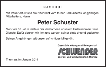 Anzeige von Peter Schuster von MGO