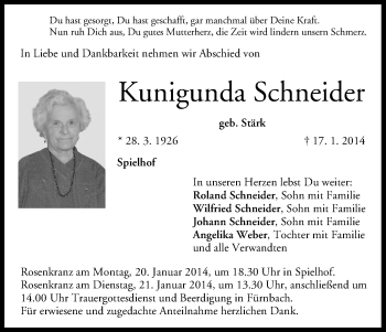 Anzeige von Kunigunda Schneider von MGO