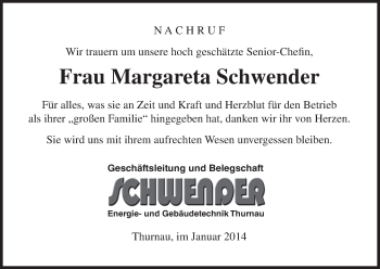 Anzeige von Margareta Schwender von MGO