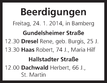 Anzeige von Beerdigungen vom 24.01.2014 von MGO