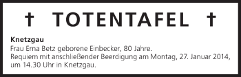 Anzeige von Totentafel vom 25.01.2014 von MGO