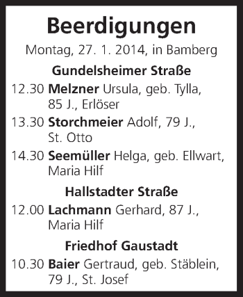 Anzeige von Beerdigungen von 27.01.2014 von MGO