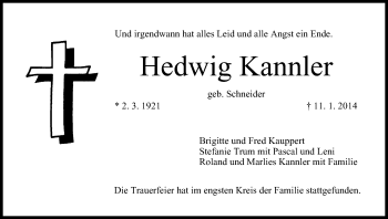 Anzeige von Hedwig Kannler von MGO