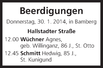 Anzeige von Beerdigungen vom 30.01.2014 von MGO