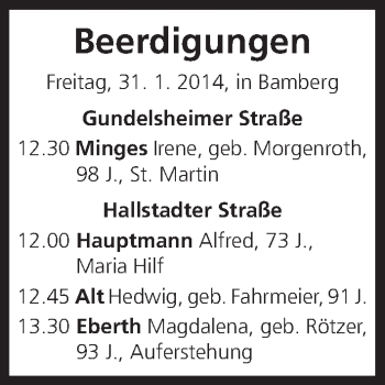 Anzeige von Beerdigungen vom 31.01.2014 von MGO