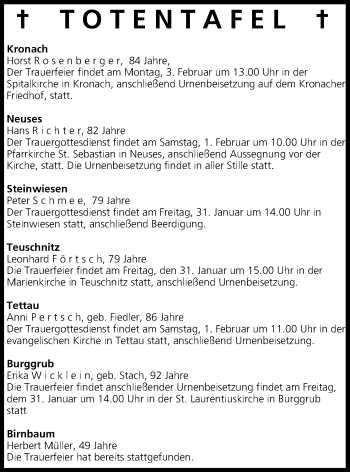 Anzeige von Totentafel vom 31.01.2014 von MGO