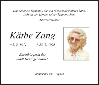 Anzeige von Käthe Zang von MGO