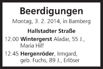 Anzeige von Totentafel vom 03.02.2014 von MGO